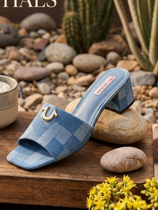 True Religion Shoes - True Religion Blue Denim Single Strap Logo Block-Print Sandal Heels Size 7